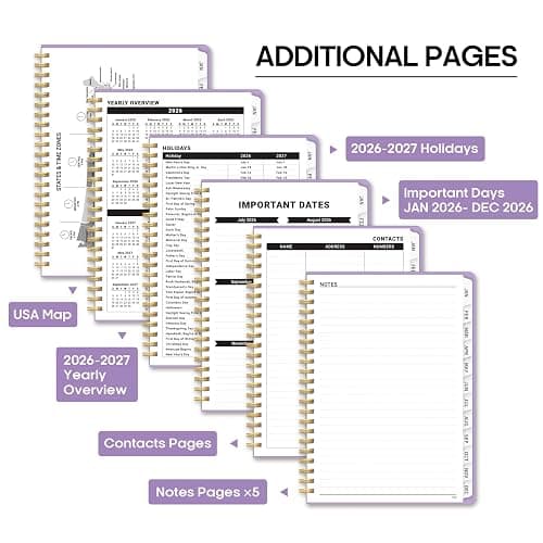 2026 Planner, Weekly and Monthly Calendar Planner Book, January 2026 - December 2026, Hardcover Spiral Planner with Monthly Tabs, Notes Pages, Perfect for Women & Men, A5 (6.4" x 8.5") - Lavender thumbnail 5