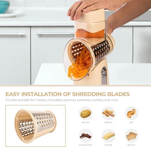 SUSTEAS Rotary Cheese Grater with Handle - Vegetable Shredder with 5 Well-designed Blades & Strong Suction Base,Round Mandoline Slicer & Food Chopper for Kitchen,with Blade Storage Box(Beige) thumbnail 6