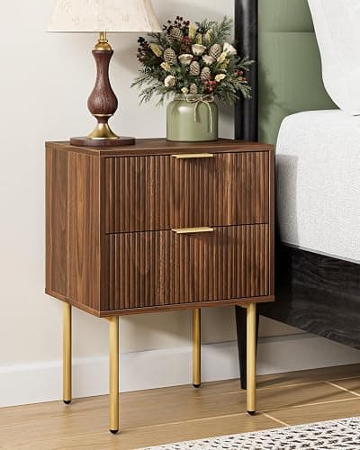 AEPOALUA Nightstand,Morden Bedside Table with Gold Frame,Small Night Stand,End Table,Bedside Furniture,Side Table with Drawer and Shelf for Bedroom,Living Room (2Drawers, Walnut Brown) - Image 1