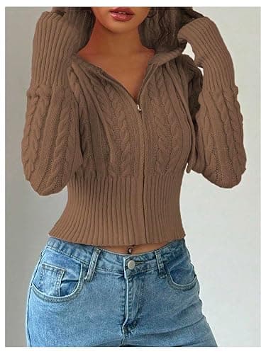 SOLY HUX Women's Crop Cardigan Sweater Cable Knit Zip Up Hoodies Long Sleeve Fall Jacket Y2k Outerwear thumbnail 4