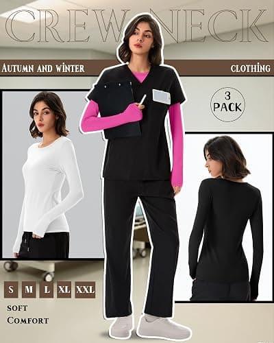 Neer 3 Pack Womens Underscrub Shirts Long Sleeve Crewneck Tops Fitted Layering Clothes Comfort Knit Tops for Nurse thumbnail 6