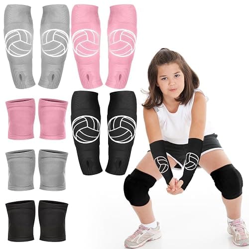 Sosation 3 Set Volleyball Arm Sleeves and Knee Pads for Kids Soft Forearm Sleeves with Protection Pad Thumbhole Volleyball Accessories for Training Youth Girls Boys 5-8 Years Old - Image 1