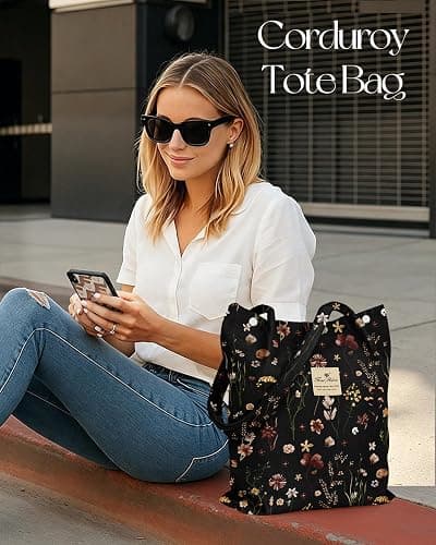 Miss Adola Corduroy Tote Bag for Women with Aesthetic Design | Magnetic Buckle & Pocket, Reusable, Soft, Roomy, Long Shoulder Handles, Double-sided Print, Casual Daily Work, Grocery Bags thumbnail 3