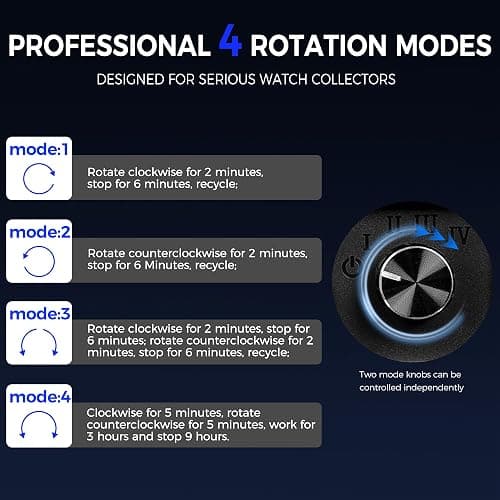 BEWISHOME Remontoir Montre Automatique avec éclairage LED, Boite Remontoir pour Montre Automatique avec Moteur Silencieux, 4 Modes, Alimentation par Batterie ou Adaptateur Type-C, ESYQ02Y thumbnail 6