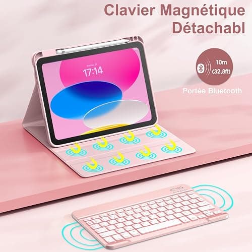 Vobafe Coque Clavier pour iPad A16 11/10 Ème Generation (11 Pouces 2025/10.9 Pouces 2022), Étui Keyboard 7 Couleurs Rétroéclairées avec Porte Crayon, AZERTY Layout pour iPad 10eme/11eme, Rose Clair thumbnail 4
