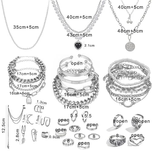 IFKM 36 PC Silver Plated Jewelry Set With 3 Necklace, 12 Bracelet, 7 Ear Cuffs Earring, 14 Knuckle Rings For Women Girls Valentine Anniversary Birthday Friendship Gift thumbnail 7