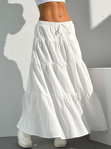 DERAX Women's Boho Flowy White Maxi Skirt Flared Ruffle Elastic Waist Summer A Line 2026 Spring Long Skirts thumbnail 5