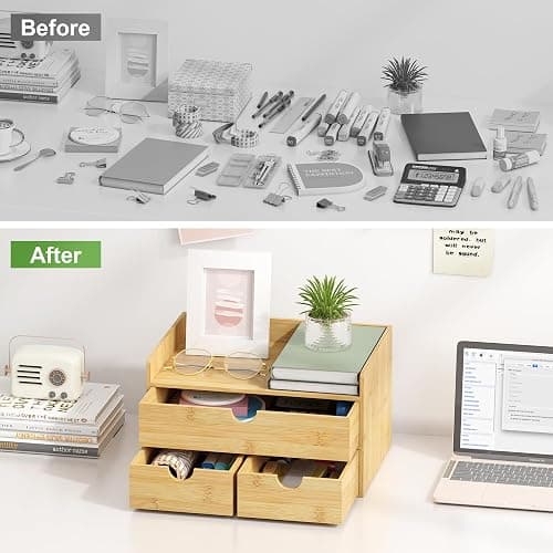 Wisuce Bamboo Desk Organizer - Mini Bamboo Desk Drawer Tabletop Cosmetic Storage Organization for Office or Home (Nature 3 Drawers) thumbnail 4