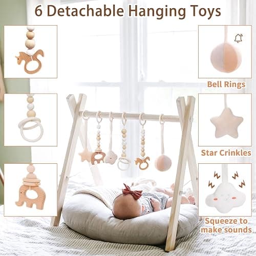 Wooden Baby Gym with 6 Gym Toys, Foldable Baby Play Gym, Natural Pine Wood Play Gym, Frame Activity Center Hanging Bar, Wooden Play Gym - wooden play gym thumbnail 2