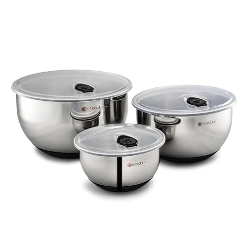 HexClad Stainless Steel Mixing Bowl Set, 3-Piece with Vacuum Seal Lids and Non-Slip Base, 1.3,3 and 5 Quarts - Image 1