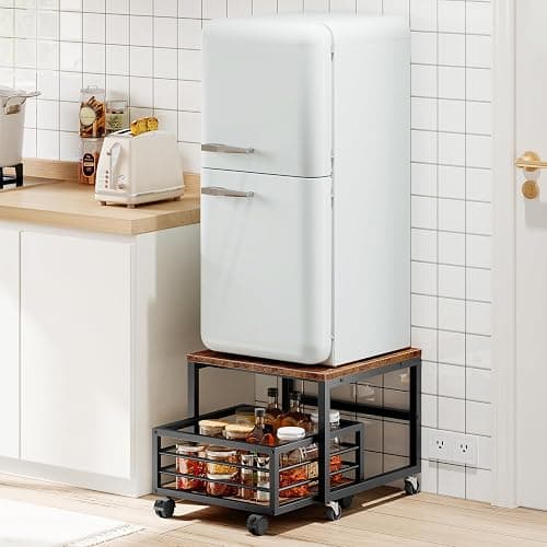 HOOBRO End Table, Mini Fridge Stand with Storage, Mini Fridge Table with Wheels and Adjustable Feet, Sturdy Metal Frame, for Living Room, Bedroom, Office, Rustic Brown and Black BF155TL01 thumbnail 5
