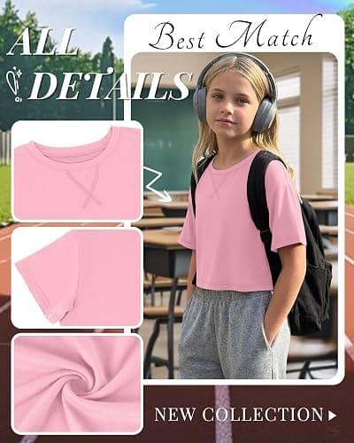 LessonZoo 4 Pack Girls Crop Tops 5-14Y Short Sleeve T-Shirts Tween Crew Neck Teen Oversized Cute Cropped Summer Athletic Tee thumbnail 4