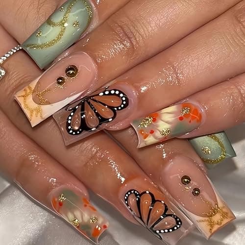 Square Press on Nails Medium Fake Nails French False Nails White Artificial Nails with 3D Futterfly and Rhinestones Designs Gold Charm Handmade Nails Glossy Stick on Nails for Women 24pcs - Image 1