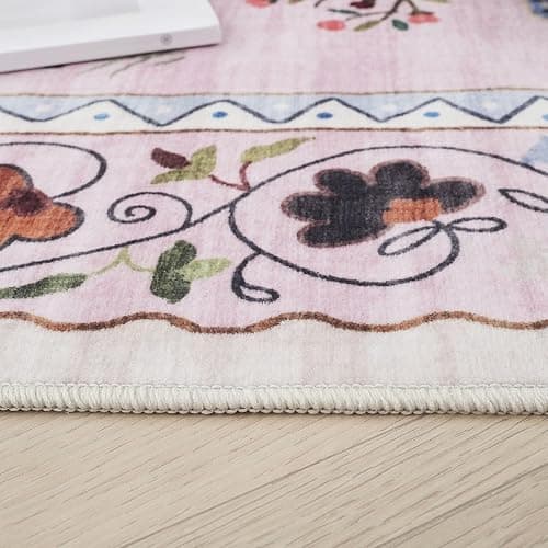 Rugcomf Round Rug 4ft Washable Circle Rug Non Slip Low Pile Boho Floral Animal Cat Small Circular Rug for Bedroom Bathroom Entryway Kids Room Office College Dorm, Pink thumbnail 6