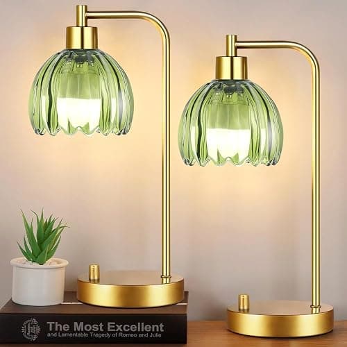 ILLMTW Green Table Lamp Set of 2,Small Glass Bedside Lamps Dimmable Boho Bedroom Lamp with Tulip Flower Lamp Shade,Gold Vintage Mid Century Modern Mini Nightstand Lamp for Bedroom Living Room - Image 1