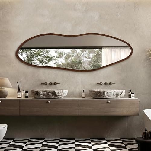 TheiaMo Irregular Full Length Mirror, 65"x22" Wooden Farmhouse Full Body Mirror, Large Asymmetrical Wall Mirrors for Living Room Entryway, Horizontal/Vertical, Walnut thumbnail 3