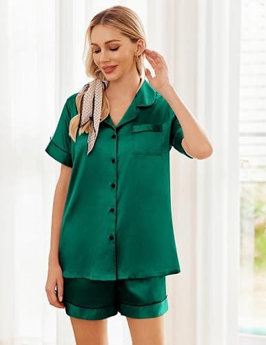 Ekouaer Womens Silk Satin Pajama Sets Soft Short Sleeve Button Down Sleepwear Top and Shorts 2 Piece Pjs Lounge Set thumbnail 4