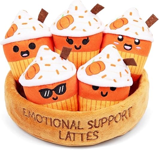 Emotional Support Lattes by Relatable, Fall Plushies Stuffed Animal Toy, Perfect Small Gift for Coffee Lovers, Gift Baskets, and Loved Ones of All Ages, Includes 5 Fall Plushies with Carrying Basket - Image 1