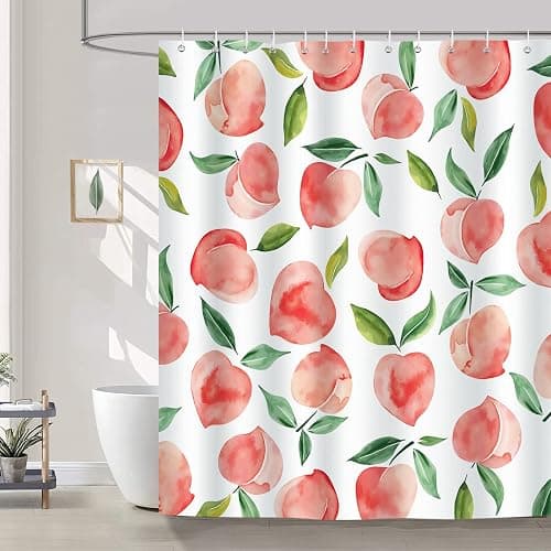 Bonhause Peach Shower Curtain, Allover Fruits Pink Peachy Bathroom Curtain 72x72 Inch Polyester Fabric Waterproof Bath Curtain with 12 Hooks - Image 1