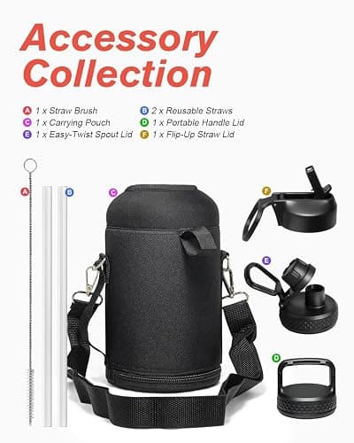Half Gallon Water Bottle Insulated with Straw & 3 Lids, Coolflask 64 oz Water Jug Large Metal Stainless Steel Wide Mouth for Sports, Gym or Office, Non-BPA Keep Cold 48H Hot 24H, Samurai Cyan thumbnail 7