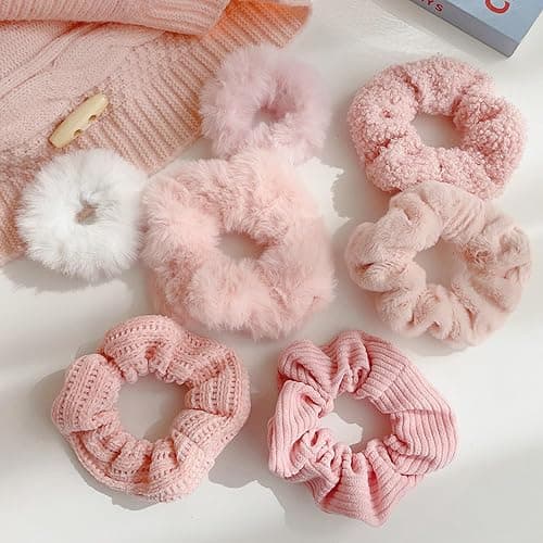 Yonchic 7-Piece Velvet Solid Elastic Hair Ties, Gentle Style Scrunchies for Women Long Thick Hair, No Damage Hair Scrunchies Rubber Bands Accessories (Pink) - Image 1