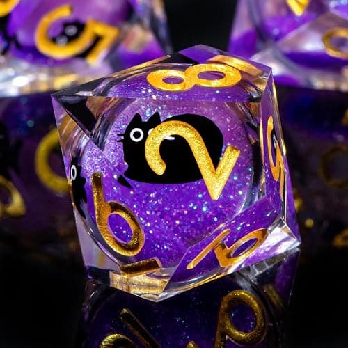 Roycevon Resin DND Dice Set with Gift Box, 7Pcs Liquid Core Cat D&D Dice, Cute Dungeons Dragons D and D Dice, Sharp Edge Role Playing Game Dice D20 D12 D10 D8 D6 D4, Purple thumbnail 7