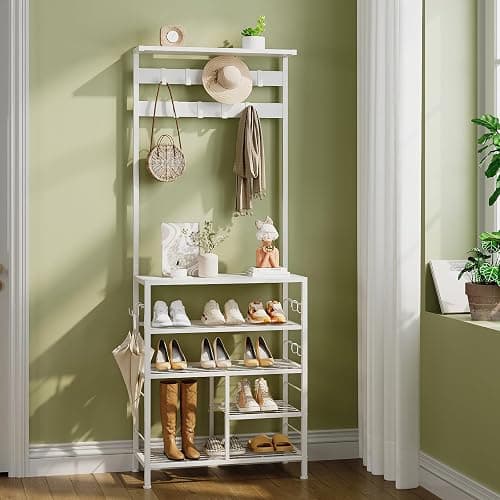 GiftGo Modern White Large 5-Tier Hall Tree Entryway Wooden Shoes Rack Shelf Coat Rack with Movable 9 Metal Hooks Storage Organizer for Home Office Bedroom Mudroom Living Room thumbnail 3