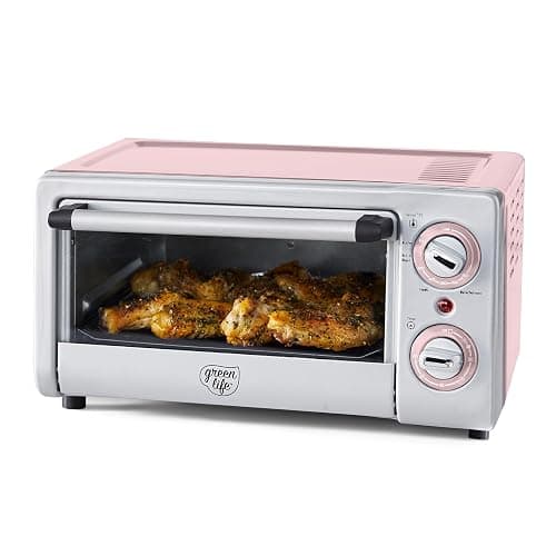 GreenLife Countertop Toaster Oven Air Fryer Stainless Steel, Healthy Ceramic Nonstick, PFAS Free, Tray & Basket, Bake, Broil, Reheat, Adjustable Temp & Time Control, Auto Shutoff, Pink - Image 1
