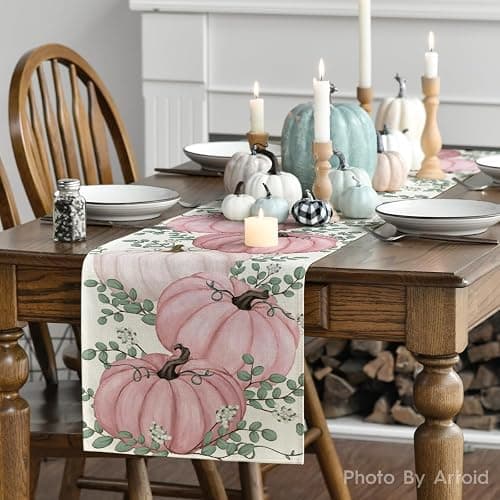 Artoid Mode Pink Pumpkins Eucalyptus Fall Table Runner, Seasonal Autumn Thanksgiving Kitchen Dining Table Decoration for Home Party Decor 13x72 Inch - 13" x 72", Table Runner - Pink thumbnail 3