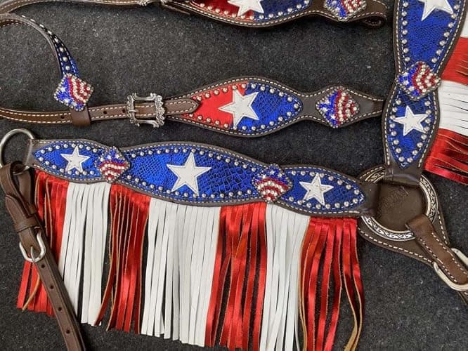 Showman Single Ear Leather Headstall & Breast Collar Set w/Patriotic Design, Average Full Size Horse thumbnail 3