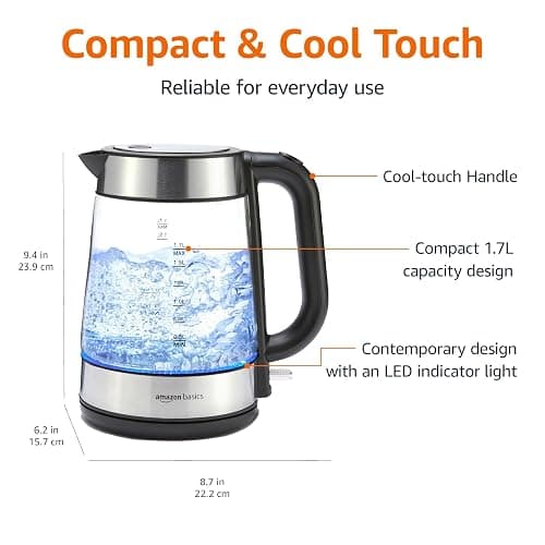 Amazon Basics Electric Kettle with Glass Carafe for Tea and Coffee, BPA-Free, Fast Boiling, Auto Shut-Off, Boil-Dry Protection, Water Level Indicator, 1.7 Liter, 1500W, Black and Silver thumbnail 3