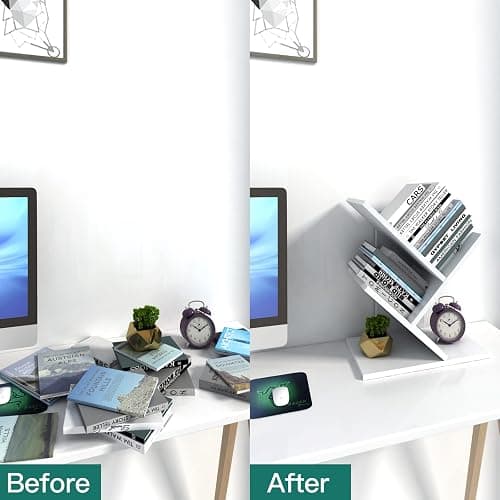 Godferyxin Tree Bookshelf, 3-Tier Wood Small Bookshelf and Mini Book Shelf for Office, Home or School Desk Book Shelf for for Displaying Books, CDs, Magazines Wood Storage Rack-Whit thumbnail 4