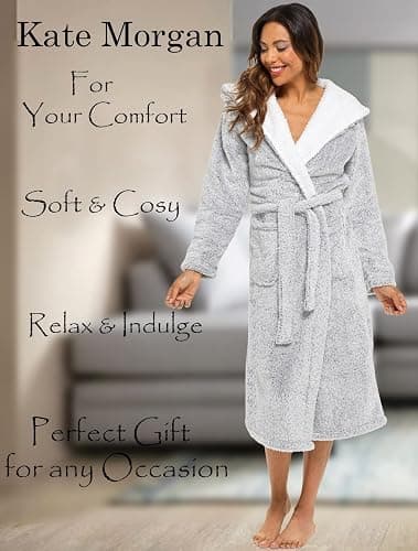 KATE MORGAN Ladies Dressing Gown Fluffy Super Soft Hooded Bathrobe for Women Plush Fleece Perfect Loungewear Long Robe | Gifts for Women thumbnail 2