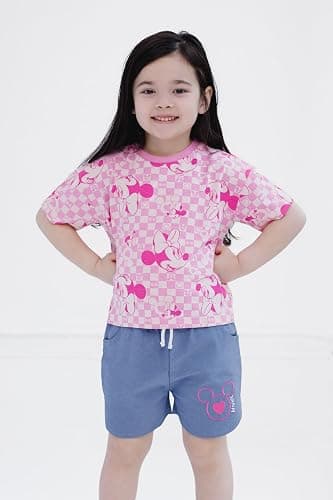 Disney Minnie Mouse Rainbow Floral T-Shirt and Chambray Shorts Outfit Set Infant to Big Kid Sizes (12 Months - 14-16) - 2T - Pink Checkerboard / Blue thumbnail 2