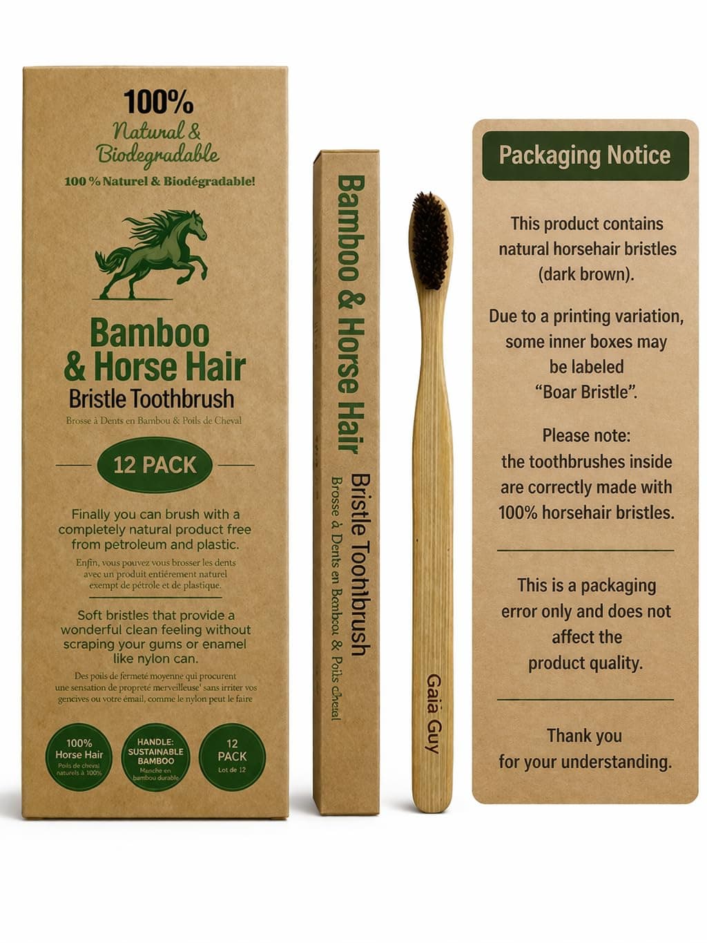 Gaia Guy Soft Natural Bristle Bamboo Toothbrush (NO Nylon - Horse Hair ONLY) - Totally Compostable & Biodegradable Soft Horsehair Bristle and Bamboo Toothbrushes - Zero Waste & Plastic-Free thumbnail 3
