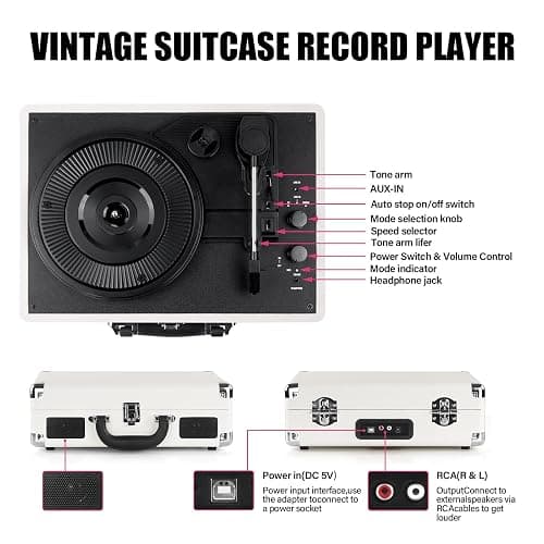 Vinyl Record Player Bluetooth 3-Speed Portable Vintage Suitcase with Built-in Speakers, RCA Line Out AUX in Headphone Jack Vintage Turntable, White thumbnail 2