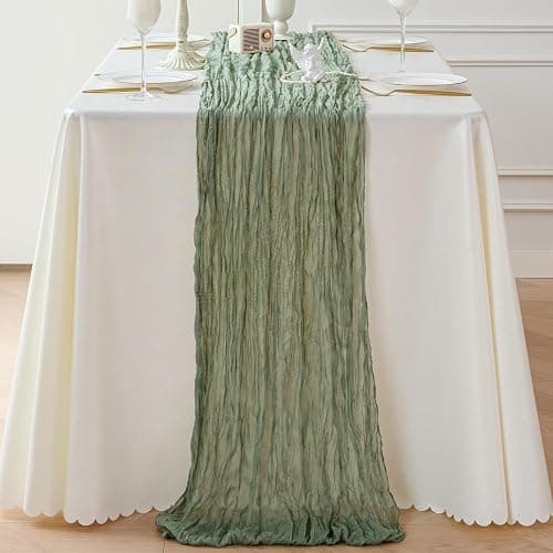 Sioloc Sage Green Cheesecloth Table Runner 120'' x 35'',Spring Easter Decor Soft Gauze Boho Wedding Table Decor for 10ft Table Birthday Party,Baby Shower, Bridal Shower, Home & Event Decor thumbnail 4