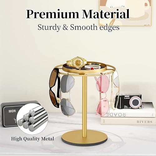 LSK Metal Sunglass Organizer, Glasses Holder Stand with Storage Tray, Gold Sunglass Holder with Non-Slip Pad for Nightstand, Tabletop, Desk, Dresser, Hanging Up to 9 Pairs Sunlasses/Reading Glasses thumbnail 3