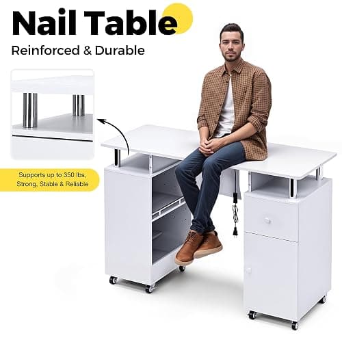 HolaiNail Manicure Table Nail Desk for Nail Tech, Acetone Resistant Beauty Salon Station with Dust Collector, Wrist Pad, Lockable Wheels, Drawer & Cabinet, White thumbnail 8