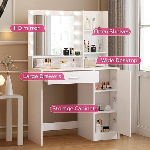 Palimder Vanity Desk with Mirror and Light, Large Drawer and Three Level Storage Dresser, 3 Lighting Modes Adjustable Brightness, Bedroom Dressing Table (White) thumbnail 5
