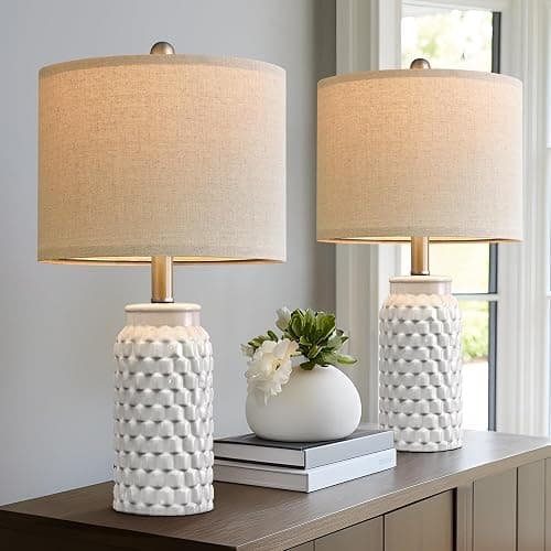 USumkky 20.5" White Modern Ceramic Bedside Lamp Set of 2 for Bedroom Decor Farmhouse Table Lamp for Living Room Office Dorm thumbnail 5