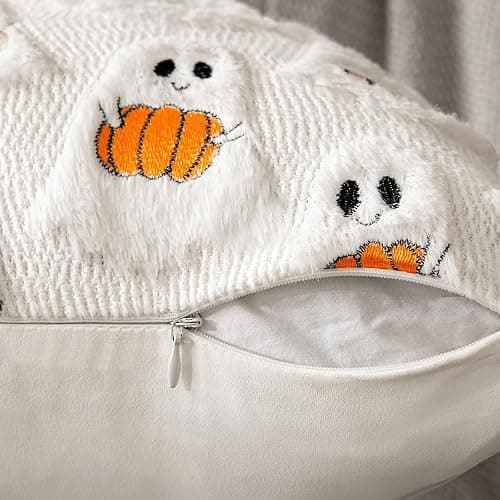 Halloween Pillow Covers 18x18 Inch, Set of 2, 3D Plush Ghosts with Pumpkins | Soft polyester, faux fur details, embroidered pumpkins, hidden zipper, inserts not included, for couch and bed decor thumbnail 6