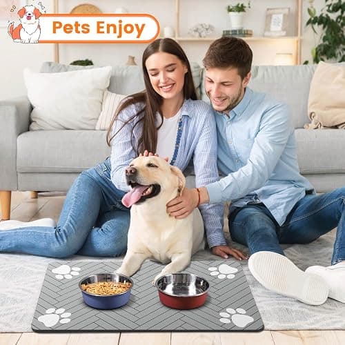Pet Feeding Mat-Absorbent Pet Placemat for Food and Water Bowl, with Waterproof Rubber Backing, Quick Dry Water Dispenser Mat for Dog and Cat (20"x12", Striped Light Gray) thumbnail 8