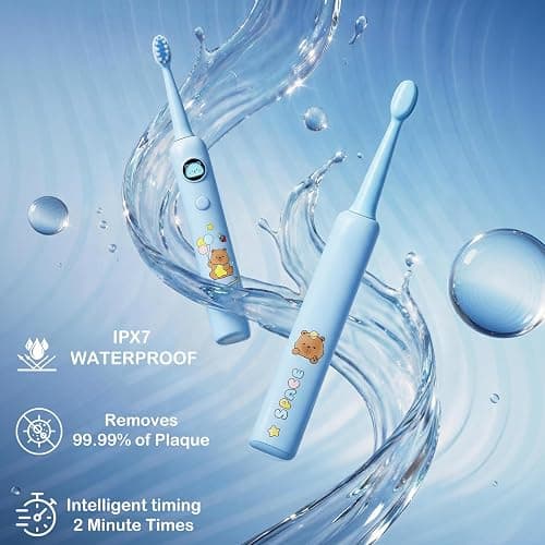 Huedbeads Kids Electric Toothbrush, Sonic Rechargeable Toothbrush with 6 Replacement Heads, Soft Bristle, IPX7 Waterproof, LED Display, Oral Care for Toddlers & Children Aged 2+ Years(Blue) thumbnail 7