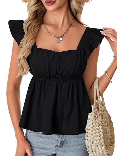 Rooscier Women's Square Neck Ruffle Cap Sleeve Ruched Peplum Babydoll Blouse Tank Tops - Image 1