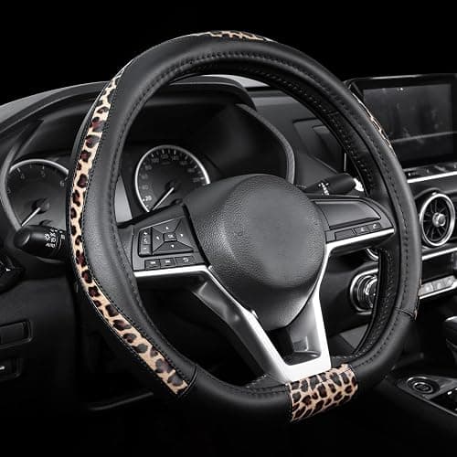 Road Comforts Steering Wheel Cover - Flat Bottom Wheel Cover Made with PVC Leather and Leopard Fabric - Universal Fit for 15-Inch D-Shaped Automotive Steering Wheels (Black Color) - Image 1