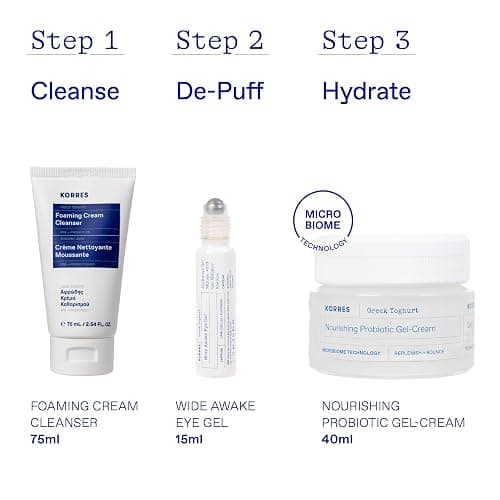 KORRES Greek Yoghurt Hydration Boost Trio Set, 3-Step Skin Care Kit with Foaming Cream Cleanser, Eye Gel & Probiotic Gel Cream, Pre & Probiotics for Balanced Hydration, Clean Beauty, 3 Piece Set thumbnail 2