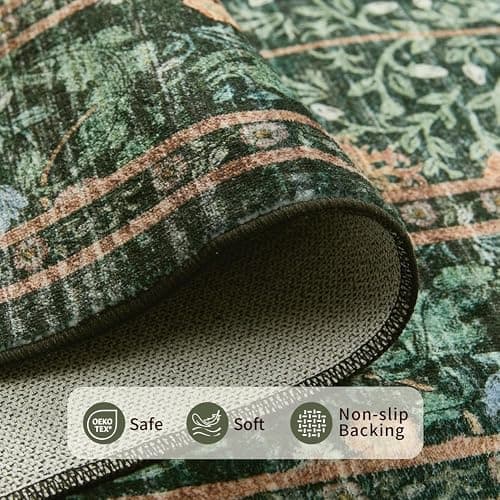 Rugxara 5x7 Area Rugs for Living Room Bedroom, Large Washable Rug, Green Vintage Floral Boho Rug, Non Slip & Low Pile Faux Wool Thin Carpet for Indoor Dining Room and Kids Room(Green 5x7ft) thumbnail 6