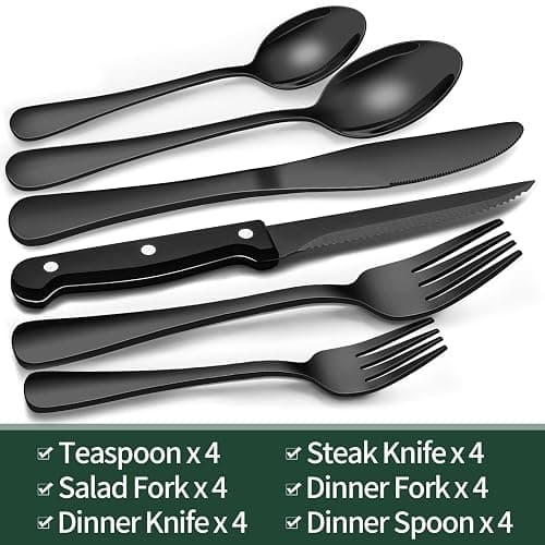 24-Piece Black Silverware Set with Steak Knives, Black Flatware Set for 4, Food-Grade Stainless Steel Tableware Cutlery Set, Mirror Finished Utensil Sets for Home Restaurant thumbnail 2