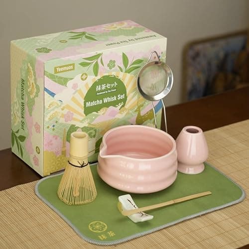 YEEMUOS Matcha whisk Set,7 Pcs Matcha Making Kit with whisk Whisk, Ceramic Bowl, Sifter, Scoop, Holder, Stand, and Tea Towel for Ultimate Matcha Experience(Pink) thumbnail 2